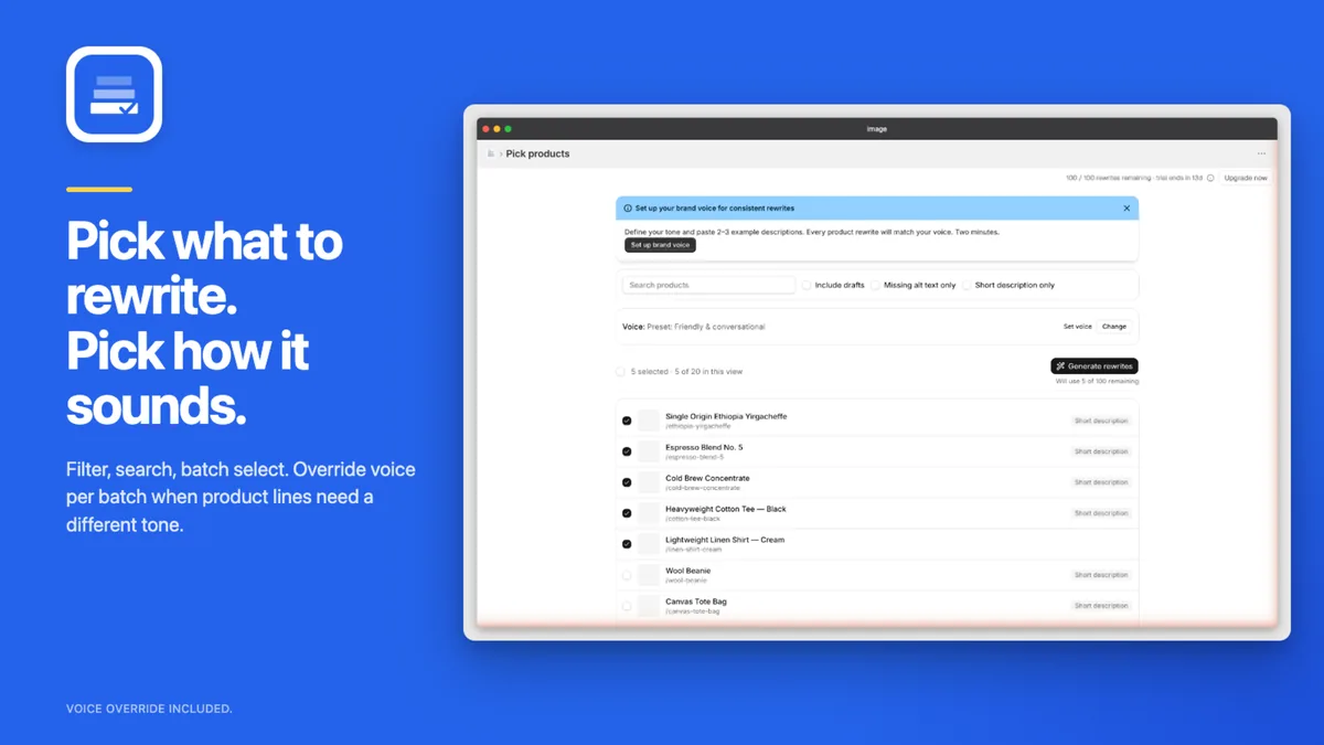 Choosing which Shopify products to rewrite, with search, filters and bulk select